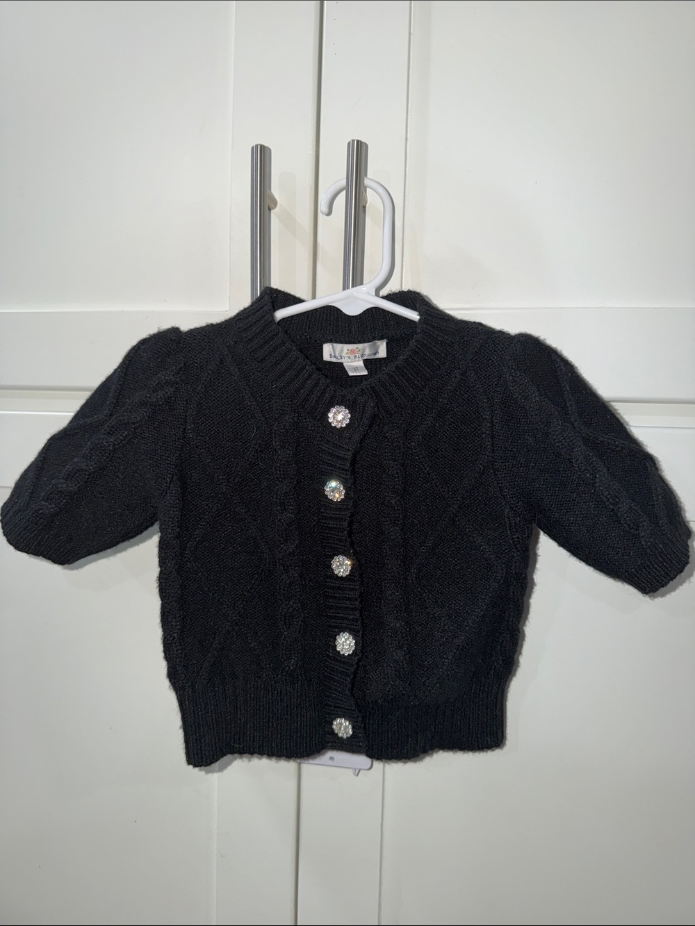 Baileys Blossoms Black Knit Puff-Sleeve Cardigan with Gem Buttons - Kids